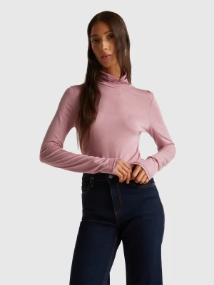 Benetton, Turtleneck T-shirt In Viscose And Cashmere Blend, Size: XXS, Pink, Women United Colors of Benetton