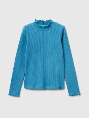 Benetton, Turtleneck T-shirt In Warm Cotton Blend, Size: XL, Turquoise, Kids United Colors of Benetton