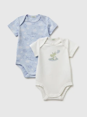 Benetton, Two Bodysuits In Stretch Organic Cotton, Sky Blue, Kids United Colors of Benetton