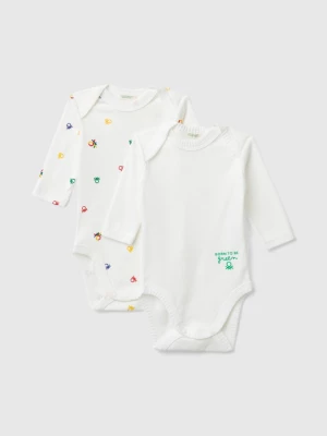 Benetton, Two Long Sleeve Bodysuits In Organic Cotton, size 56, Creamy White, Kids United Colors of Benetton