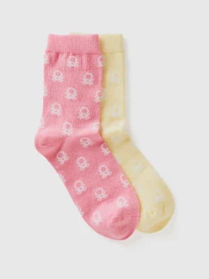 Benetton, Two Pairs Of Long Yellow And Pink Socks, size 20-24, Multi-color, Kids United Colors of Benetton