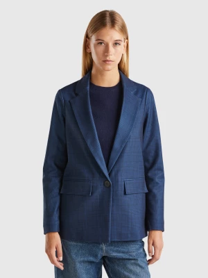 Benetton, Unlined Tartan Blazer, size , Dark Blue, Women United Colors of Benetton