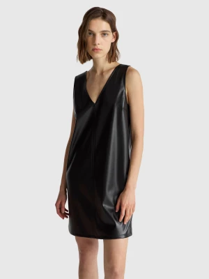 Benetton, V-neck Dress In Imitation Leather, Size: XS, Black, Women United Colors of Benetton