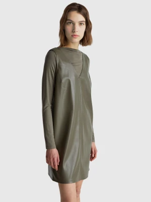 Benetton, V-neck Dress In Imitation Leather, Size: XS, Military Green, Women United Colors of Benetton