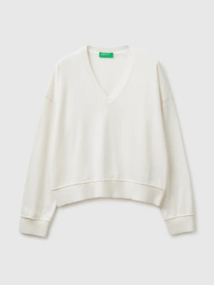 Benetton, V-neck Sweater In Cotton And Wool, Size: XS, Creamy White, Women United Colors of Benetton
