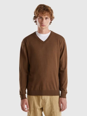 Benetton, V-neck Sweater In Lightweight Cotton Blend, size L, Brown, Men United Colors of Benetton