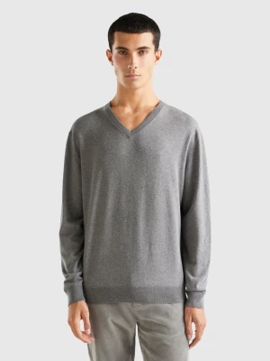 Benetton, V-neck Sweater In Lightweight Cotton Blend, size L, Dark Gray, Men United Colors of Benetton