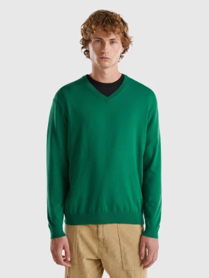 Benetton, V-neck Sweater In Lightweight Cotton Blend, size L, Dark Green, Men United Colors of Benetton