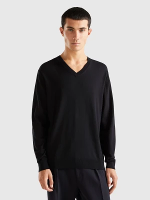 Benetton, V-neck Sweater In Lightweight Cotton Blend, size M, Black, Men United Colors of Benetton