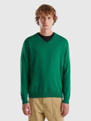 Benetton, V-neck Sweater In Lightweight Cotton Blend, size M, Dark Green, Men United Colors of Benetton