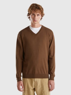 Benetton, V-neck Sweater In Lightweight Cotton Blend, size S, Brown, Men United Colors of Benetton