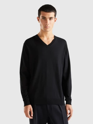 Benetton, V-neck Sweater In Lightweight Cotton Blend, size XL, Black, Men United Colors of Benetton