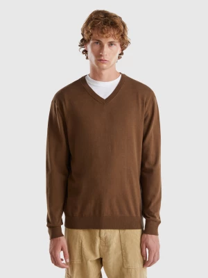 Benetton, V-neck Sweater In Lightweight Cotton Blend, size XL, Brown, Men United Colors of Benetton