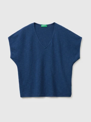 Benetton, V-neck Sweater In Linen Blend, Size: XS, Blue, Women United Colors of Benetton
