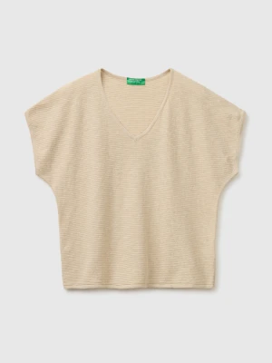 Benetton, V-neck Sweater In Linen Blend, Size: XS, Beige, Women United Colors of Benetton