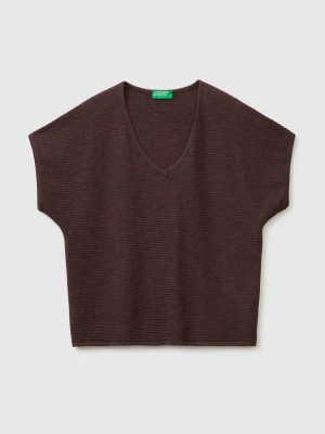 Benetton, V-neck Sweater In Linen Blend, Size: XS, Brown, Women United Colors of Benetton