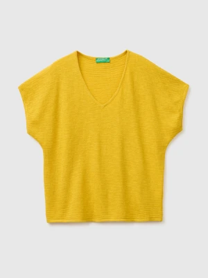 Benetton, V-neck Sweater In Linen Blend, Size: XS, Mustard, Women United Colors of Benetton