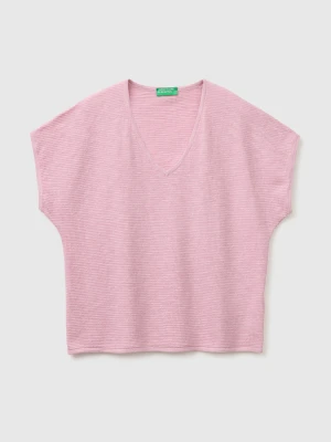 Benetton, V-neck Sweater In Linen Blend, Size: XS, Pink, Women United Colors of Benetton