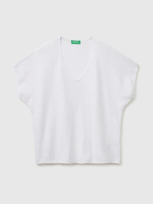 Benetton, V-neck Sweater In Linen Blend, Size: XS, White, Women United Colors of Benetton