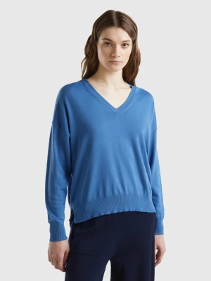 Benetton, V-neck Sweater In Modal® Blend, size L, Blue, Women United Colors of Benetton