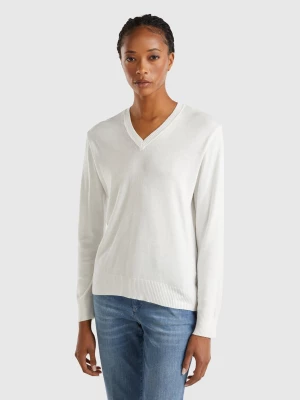 Benetton, V-neck Sweater In Modal® Blend, size L, Creamy White, Women United Colors of Benetton