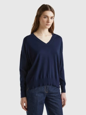 Benetton, V-neck Sweater In Modal® Blend, size L, Dark Blue, Women United Colors of Benetton
