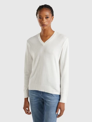 Benetton, V-neck Sweater In Modal® Blend, size M, Creamy White, Women United Colors of Benetton