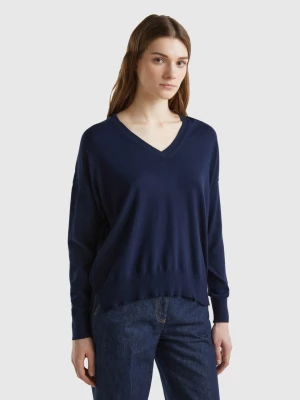 Benetton, V-neck Sweater In Modal® Blend, size M, Dark Blue, Women United Colors of Benetton