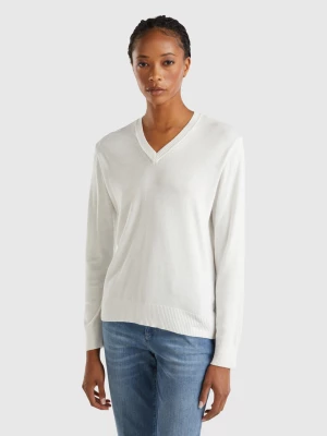 Benetton, V-neck Sweater In Modal® Blend, size S, Creamy White, Women United Colors of Benetton