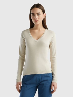 Benetton, V-neck Sweater In Pure Cotton, size L, Beige, Women United Colors of Benetton
