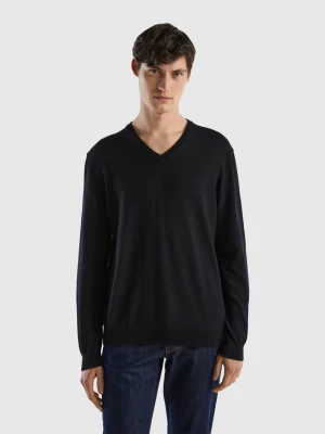 Benetton, V-neck Sweater In Pure Cotton, size L, Black, Men United Colors of Benetton