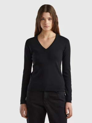 Benetton, V-neck Sweater In Pure Cotton, size L, Black, Women United Colors of Benetton