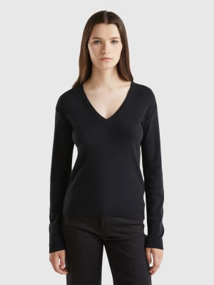 Benetton, V-neck Sweater In Pure Cotton, size L, Black, Women United Colors of Benetton