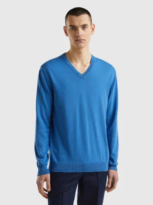Benetton, V-neck Sweater In Pure Cotton, size L, Blue, Men United Colors of Benetton