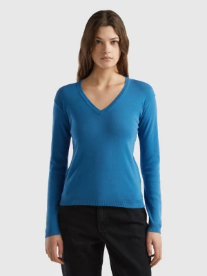 Benetton, V-neck Sweater In Pure Cotton, size L, Blue, Women United Colors of Benetton