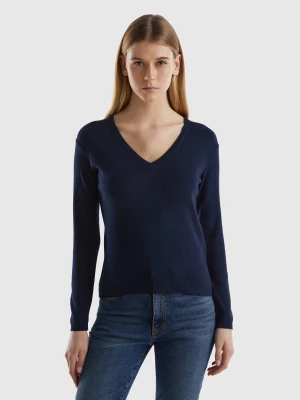 Benetton, V-neck Sweater In Pure Cotton, size L, Dark Blue, Women United Colors of Benetton