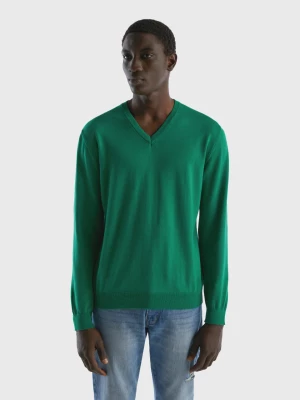 Benetton, V-neck Sweater In Pure Cotton, size L, Dark Green, Men United Colors of Benetton
