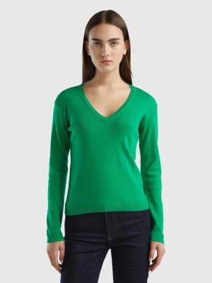 Benetton, V-neck Sweater In Pure Cotton, size L, Green, Women United Colors of Benetton