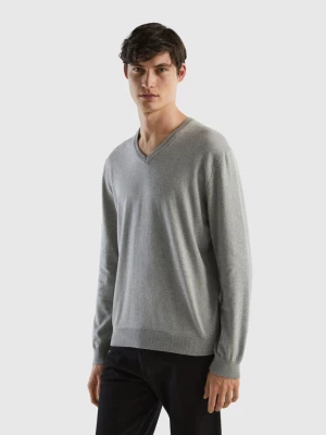 Benetton, V-neck Sweater In Pure Cotton, size L, Light Gray, Men United Colors of Benetton