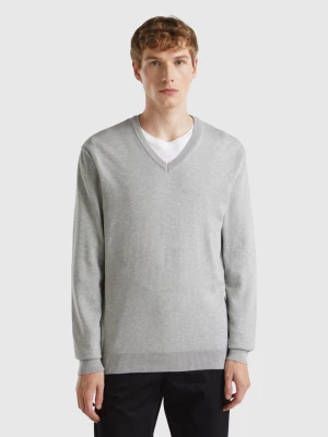 Benetton, V-neck Sweater In Pure Cotton, size L, Light Gray, Men United Colors of Benetton