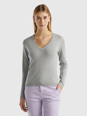 Benetton, V-neck Sweater In Pure Cotton, size L, Light Gray, Women United Colors of Benetton