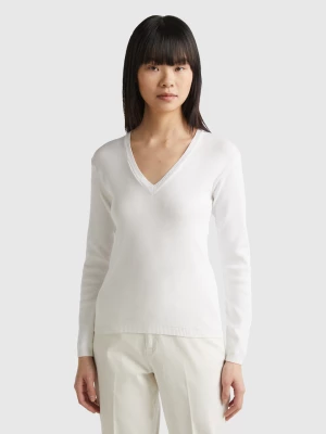 Benetton, V-neck Sweater In Pure Cotton, size L, White, Women United Colors of Benetton