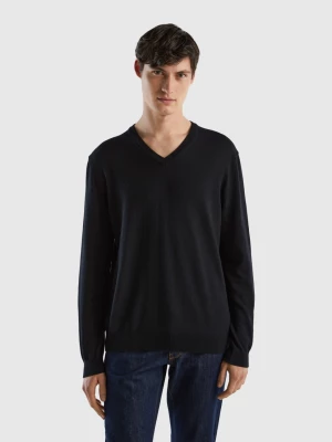 Benetton, V-neck Sweater In Pure Cotton, size M, Black, Men United Colors of Benetton