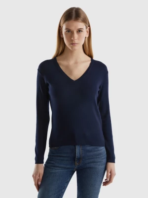 Benetton, V-neck Sweater In Pure Cotton, size M, Dark Blue, Women United Colors of Benetton