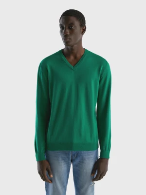 Benetton, V-neck Sweater In Pure Cotton, size M, Dark Green, Men United Colors of Benetton