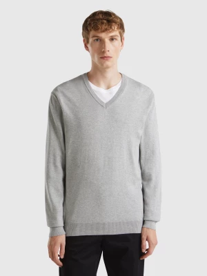 Benetton, V-neck Sweater In Pure Cotton, size M, Light Gray, Men United Colors of Benetton