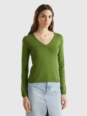 Benetton, V-neck Sweater In Pure Cotton, size M, Military Green, Women United Colors of Benetton