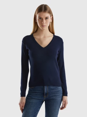 Benetton, V-neck Sweater In Pure Cotton, size XL, Dark Blue, Women United Colors of Benetton