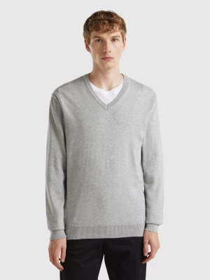 Benetton, V-neck Sweater In Pure Cotton, size XL, Light Gray, Men United Colors of Benetton