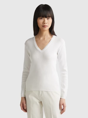 Benetton, V-neck Sweater In Pure Cotton, size XL, White, Women United Colors of Benetton